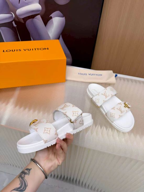 Louis Vuitton Cowhide Canvas Lined Slides Comfort Sandals
