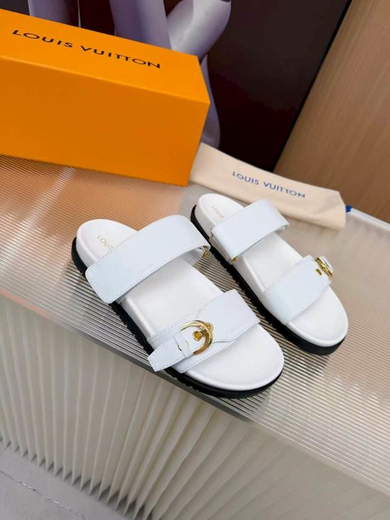 Louis Vuitton Cowhide Canvas Lined Slides Comfort Sandals