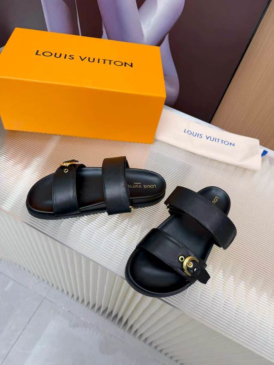Louis Vuitton Cowhide Canvas Lined Slides Comfort Sandals