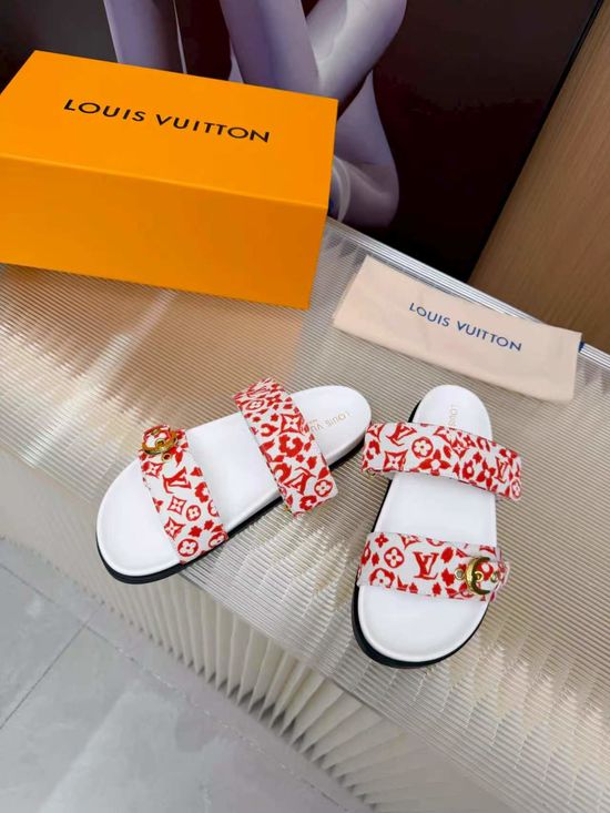 Louis Vuitton Cowhide Canvas Lined Slides Comfort Sandals