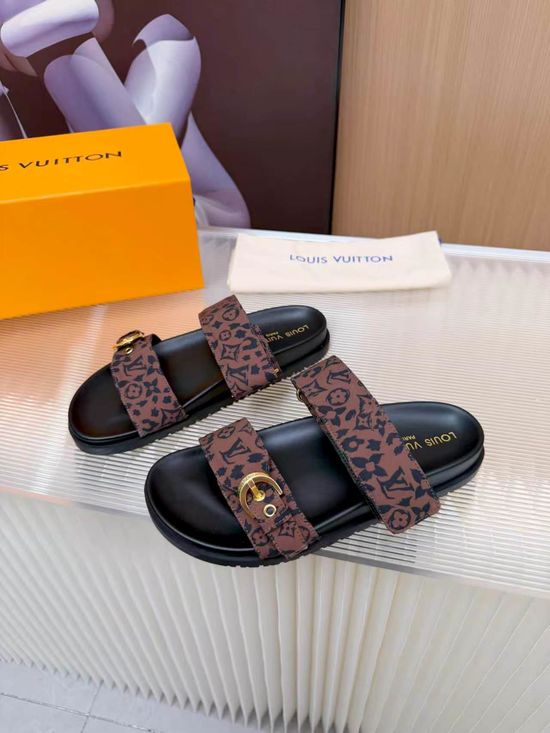 Louis Vuitton Cowhide Canvas Lined Slides Comfort Sandals
