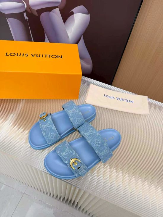 Louis Vuitton Cowhide Canvas Lined Slides Comfort Sandals