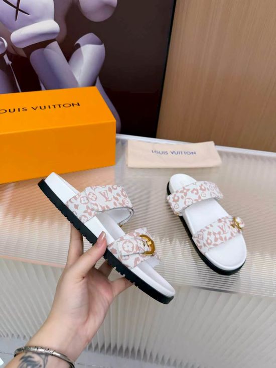 Louis Vuitton Cowhide Canvas Lined Slides Comfort Sandals