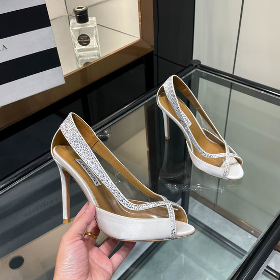 Aquazzura Rhinestone Decor High Heel Sandals Shiny Satin Upper Party Shoes