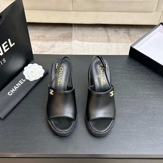 Chanel Genuine Leather Wedge Sandals with Premium Packaging