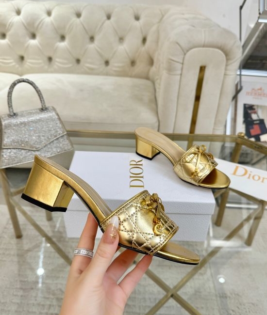 Christian Dior CD Embroidered Bow Decor Leather Slippers with Hardware Accent