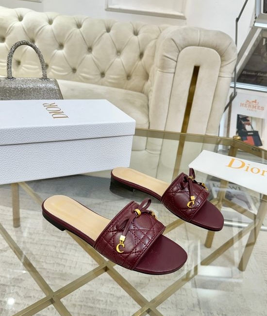 Christian Dior CD Sheepskin Embroidered Bow Decor Slip On Slippers