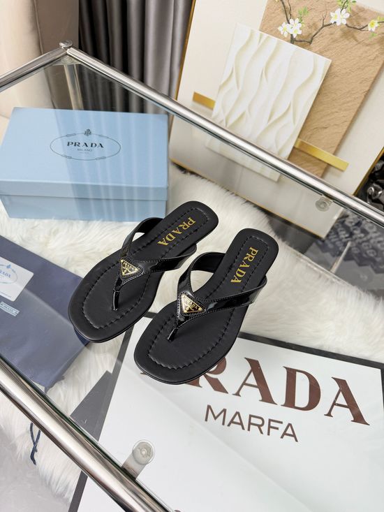 Prada Low Heel Thong Sandals with Decorative Logo Detail