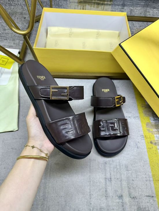 Fendi Dual Strap Embossed Pattern Flat Slide Sandals
