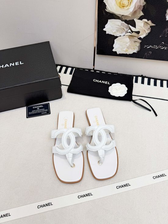 Chanel Logo Decor Leather Slip On Thong Sandals