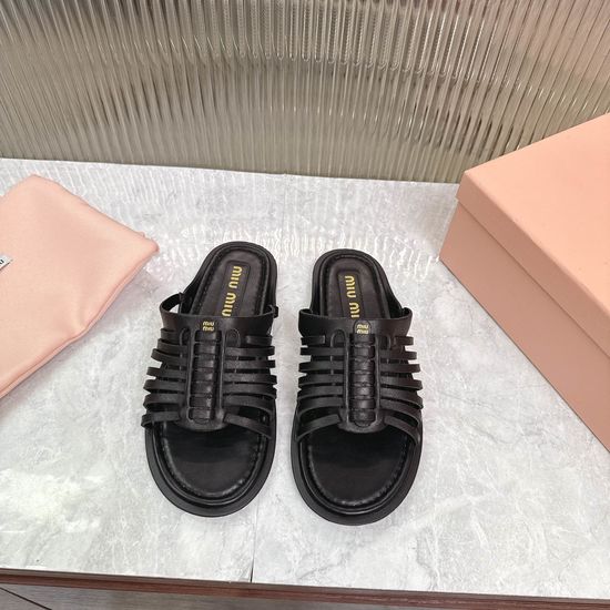 Miu Miu Genuine Leather Soft Flat Slides Non-slip Sole