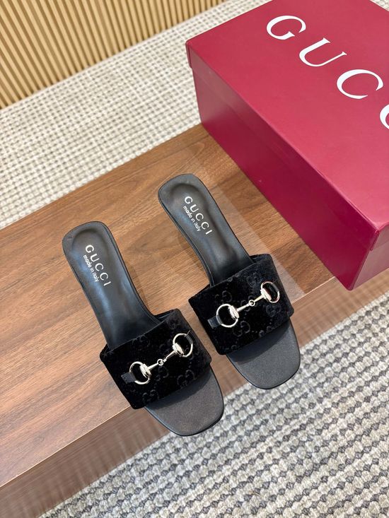 Gucci Monogram Pattern High Heel Slides Premium Leather Outsole