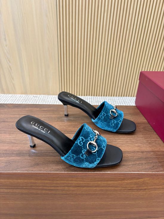 Gucci Monogram Pattern High Heel Slides Premium Leather Outsole