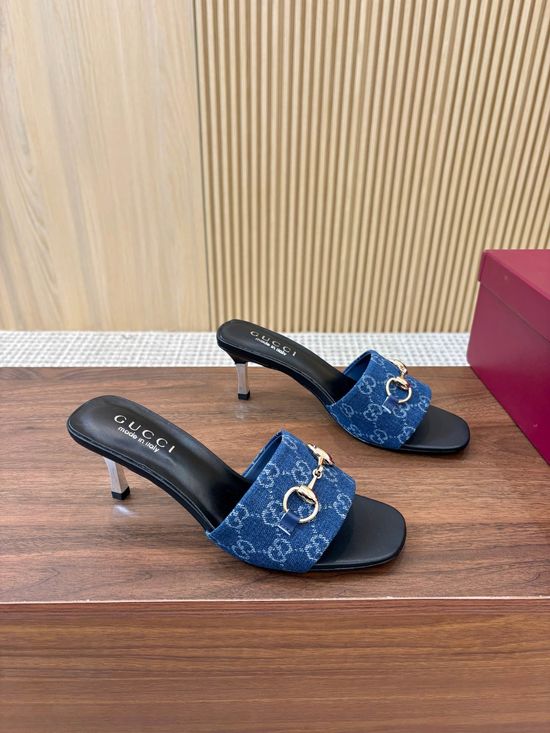 Gucci Monogram Pattern High Heel Slides Premium Leather Outsole