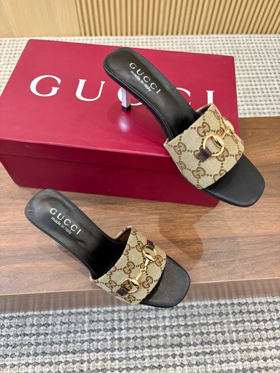 Gucci Monogram Pattern High Heel Slides Premium Leather Outsole