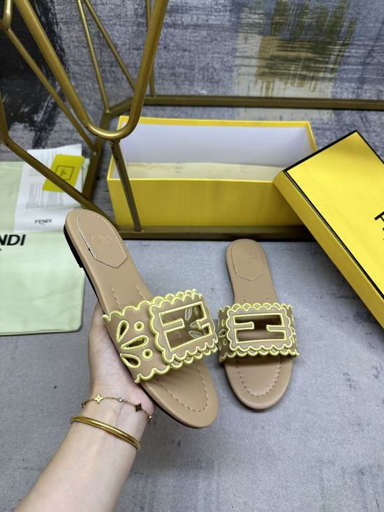 Fendi Wide Strap Hollow Embroidery Flat Slide Sandals