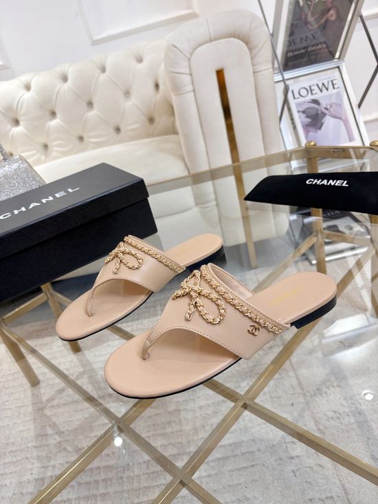 Chanel Bow Chain Decor Flat Thong Casual Sandals