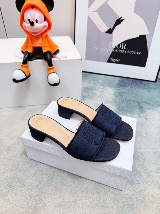 Christian Dior Embroidered Denim Wide Strap Comfort Heeled Slides