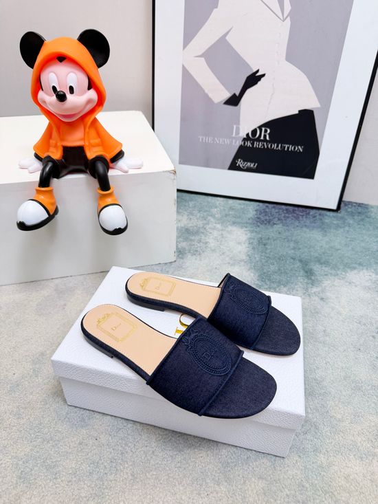 Christian Dior Embossed Denim Slip On Chunky Heel Casual Sandals