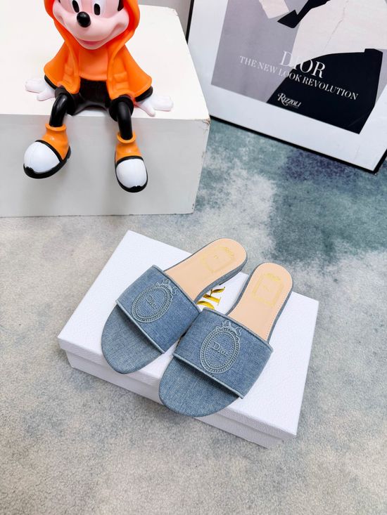 Christian Dior Embossed Denim Slip On Chunky Heel Casual Sandals