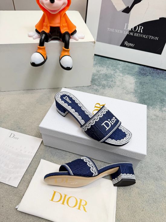 Christian Dior Embossed Pattern Lace Mid Heel Slide Sandals with Embroidery