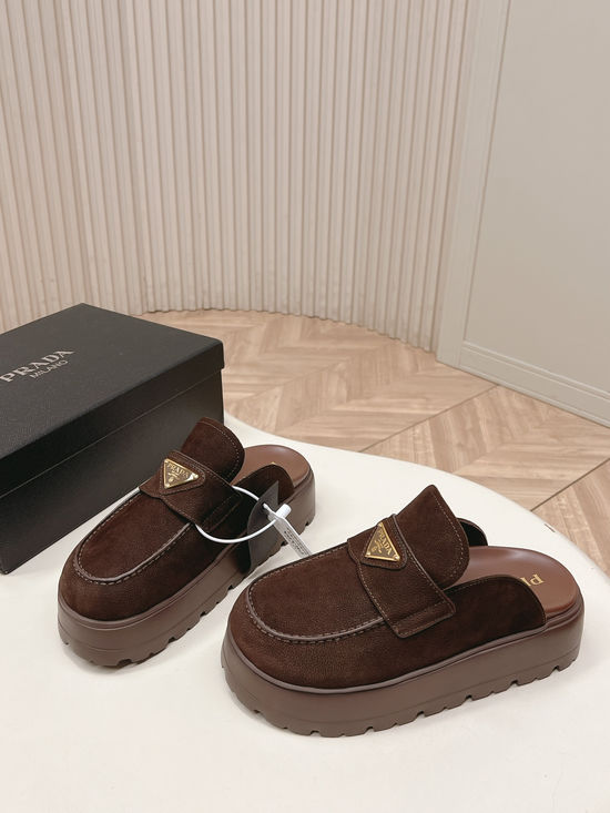 Prada Closed Toe Platform Slip On Sandals With Buckle