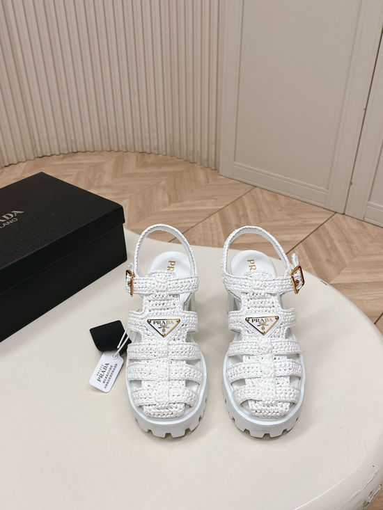 Prada Hand Woven Round Toe Chunky Heel Sandals