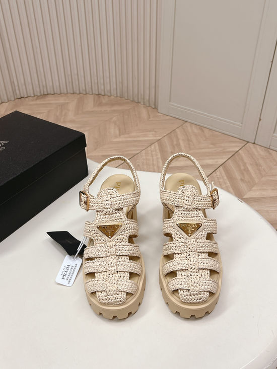 Prada Hand Woven Round Toe Chunky Heel Sandals