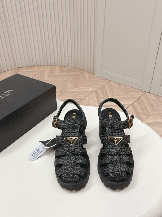 Prada Hand Woven Round Toe Chunky Heel Sandals