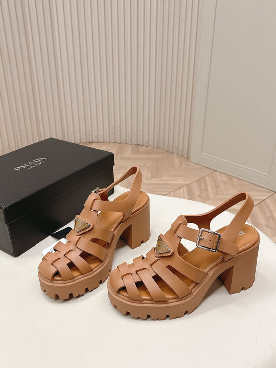 Prada Cut Out Round Toe Chunky Heel Casual Sandals