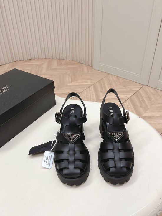 Prada Cut Out Round Toe Chunky Heel Casual Sandals