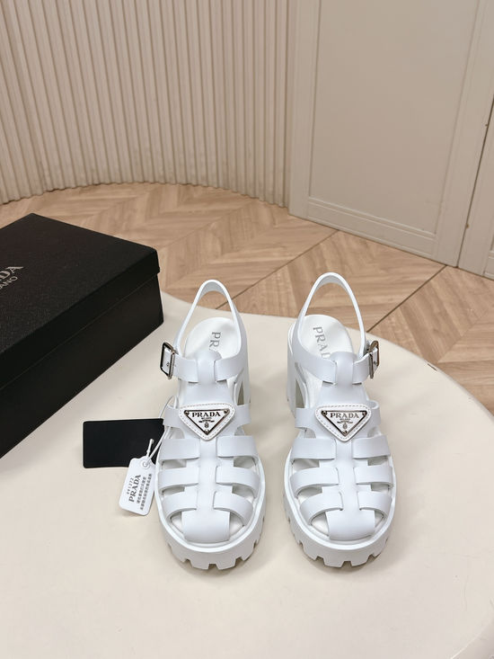 Prada Cut Out Round Toe Chunky Heel Casual Sandals