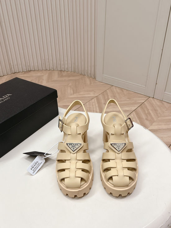 Prada Cut Out Round Toe Chunky Heel Casual Sandals