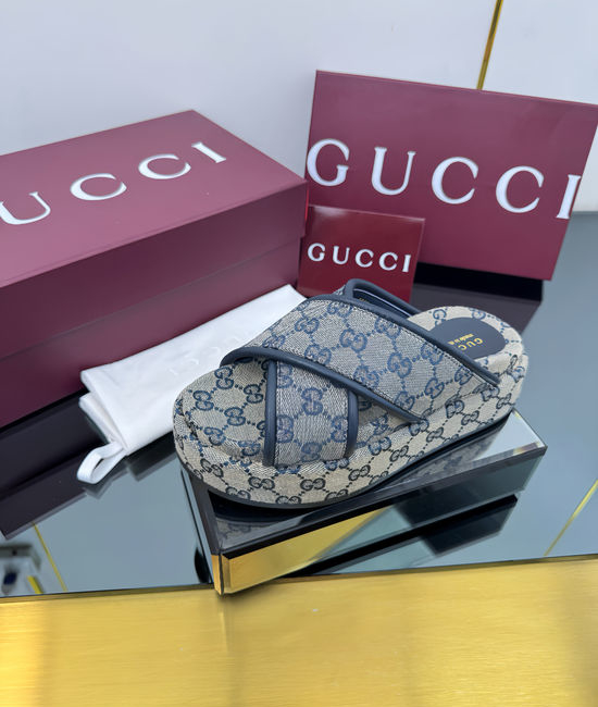 Gucci Cross Strap Embroidered Canvas Platform Slide Sandals