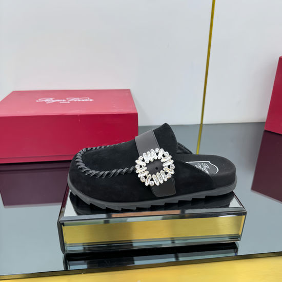 Roger Viver Adjustable Buckle Leather Clog Mules with Shiny Ornament