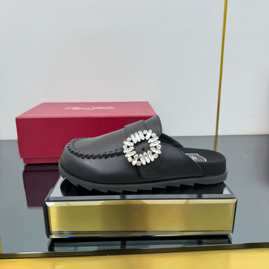 Roger Viver Adjustable Buckle Leather Clog Mules with Shiny Ornament