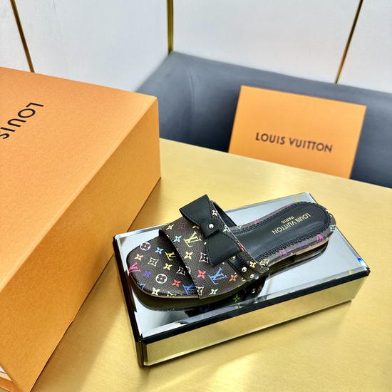 Louis Vuitton LV One-Strap Leather Slippers Bow Detail Soft Comfortable Sole