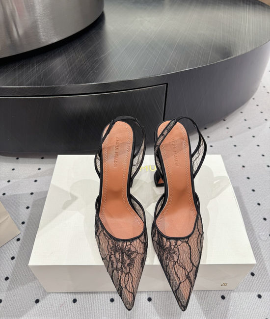 Amina Muaddi Lace Upper Runway Style Heel Sheepskin Lining Leather Sole