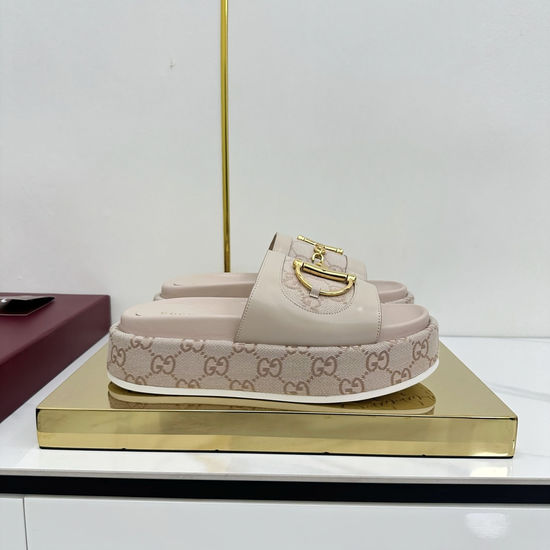 Gucci Wedge Platform Slip-On Sandals With Gold Hardware Detail