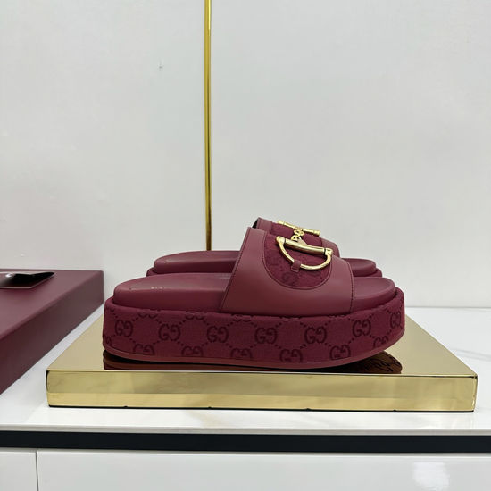 Gucci Wedge Platform Slip-On Sandals With Gold Hardware Detail