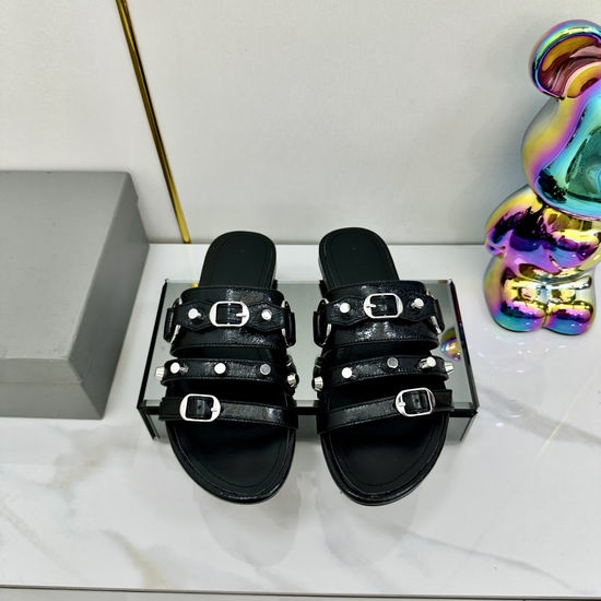 Balenciaga Punk Rivet Leather Open Toe Casual Slide Sandals