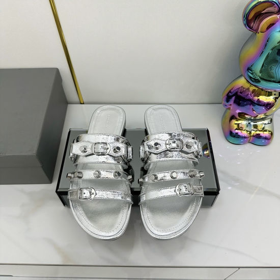 Balenciaga Punk Rivet Leather Open Toe Casual Slide Sandals