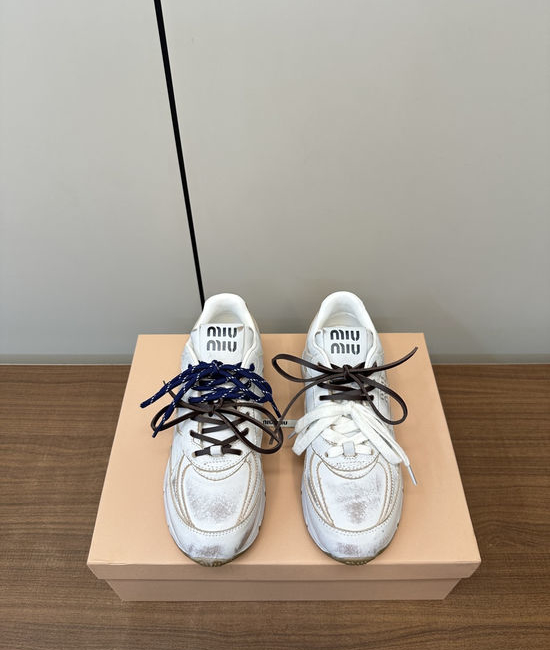 Miu Miu Vintage Distressed Leather Chunky Sneakers Soft Insole Non-slip Outsole