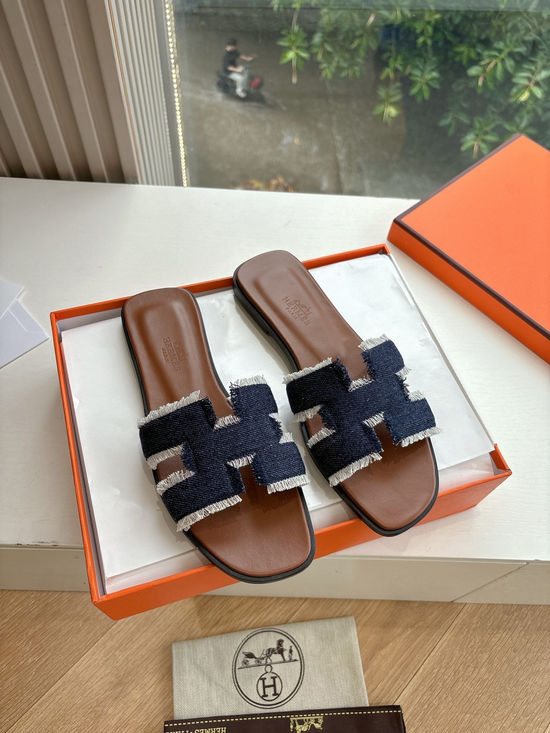 Hermes Flat Slide Sandals with Denim Lining and Metal Buckle