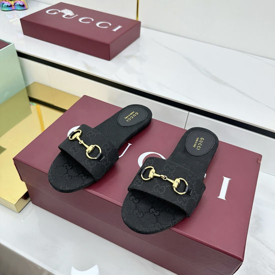 Gucci Canvas Slide Sandals With Gold Tone Metal Accent