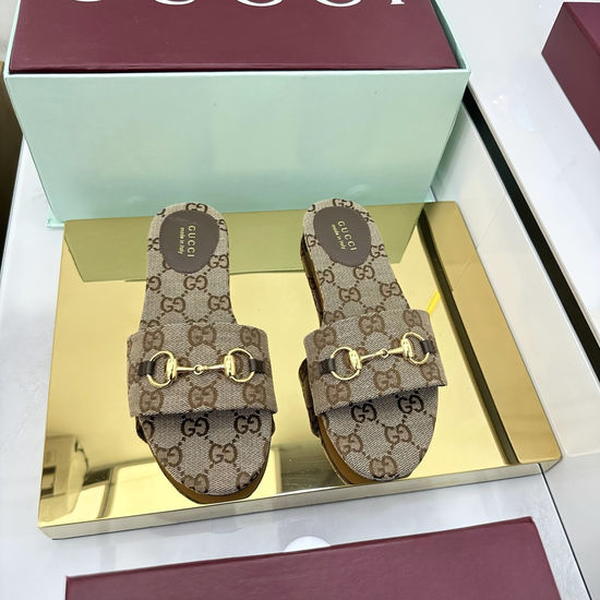 Gucci Canvas Slide Sandals With Gold Tone Metal Accent