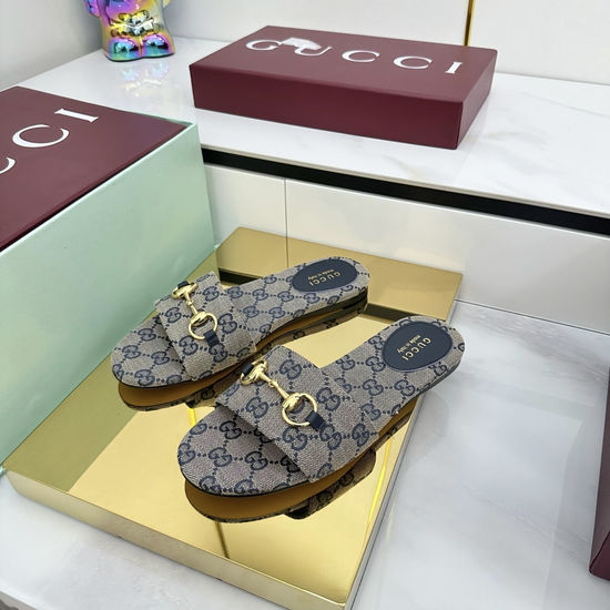 Gucci Canvas Slide Sandals With Gold Tone Metal Accent