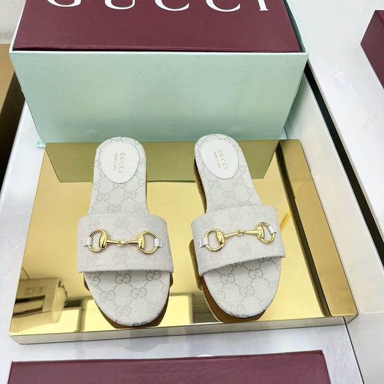 Gucci Canvas Slide Sandals With Gold Tone Metal Accent