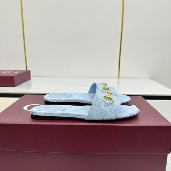 Gucci Canvas Slide Sandals With Gold Tone Metal Accent
