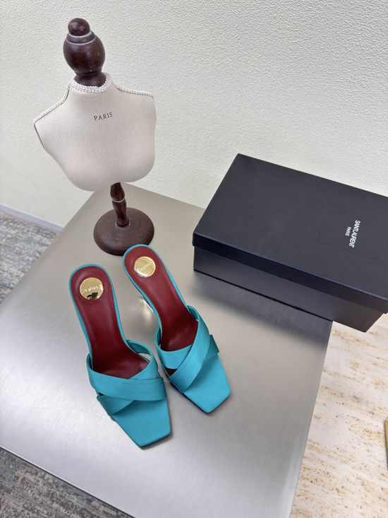 Yves Saint Laurent Peacock Blue Silk Cross Strap High Heel Slides
